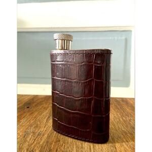 POTTERY BARN Parker Dark Brown Croc Leather Pocket Flask